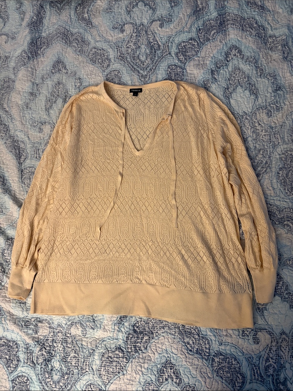 torrid Cream Openwork V-Neck Tie Sweater